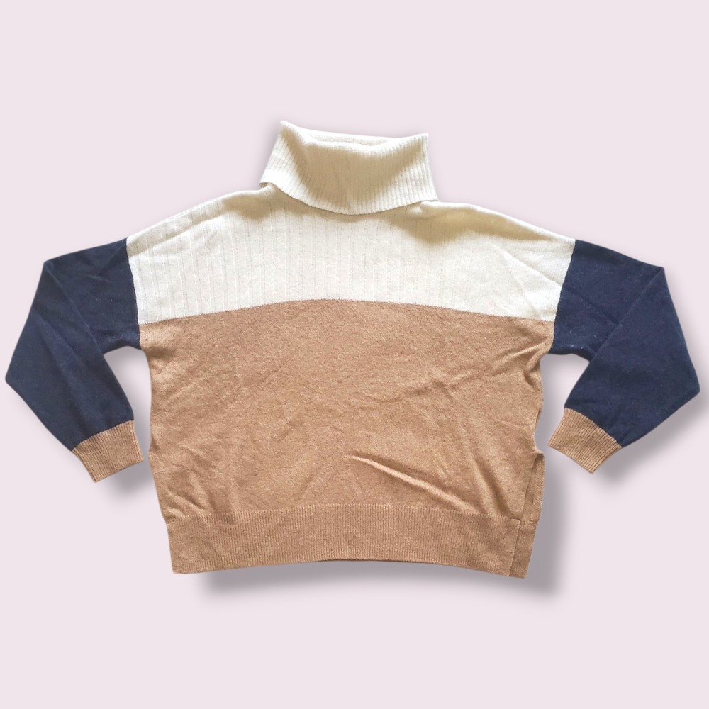 Madewell‎ Color Block Turtleneck Sweater Women's Medium Cream Brown Blue